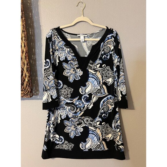 WHBM Dress Black Blue White L Large 3/4 Long Sleeve Stretch Sheath Washable - Picture 6 of 9